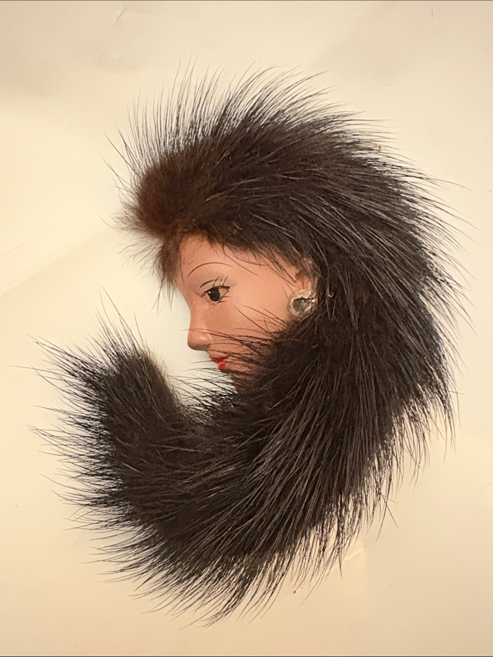 Lady with Faux Fur Hair Brooch